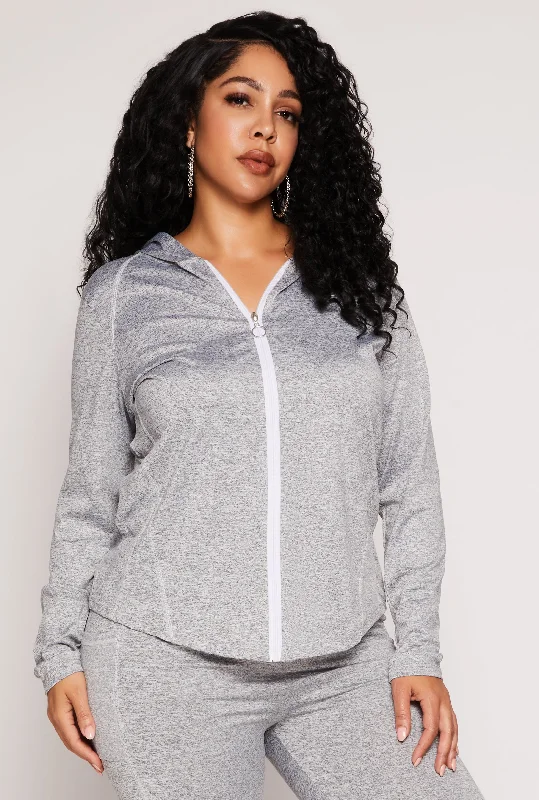 Plus Size Decorative Stitch Hooded Track Jacket