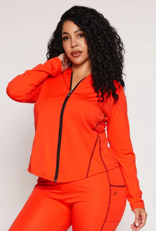 Plus Size Decorative Stitch Hooded Track Jacket