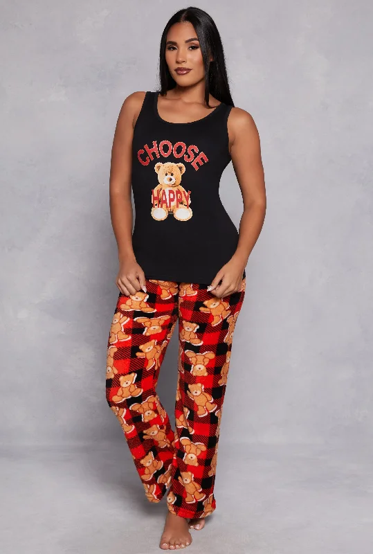 Choose Happy Bear Graphic Pajama Tank Top and Pants