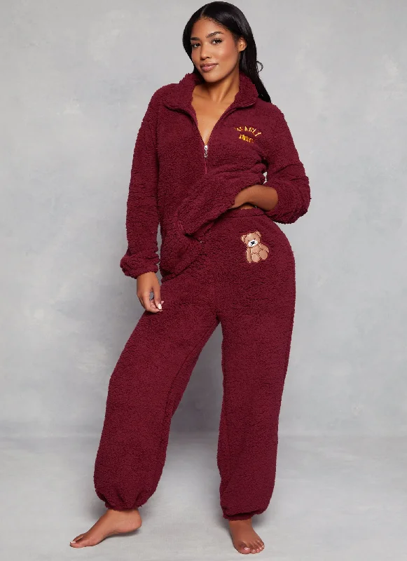 Bearly Awake Sherpa Zip Front Pajama Top and Pants