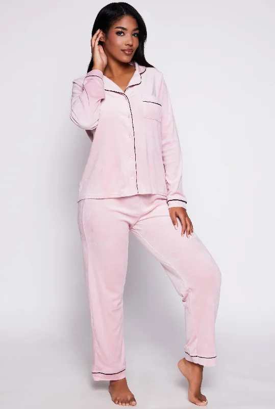 Velour Contrast Trim Pajama Shirt and Pants