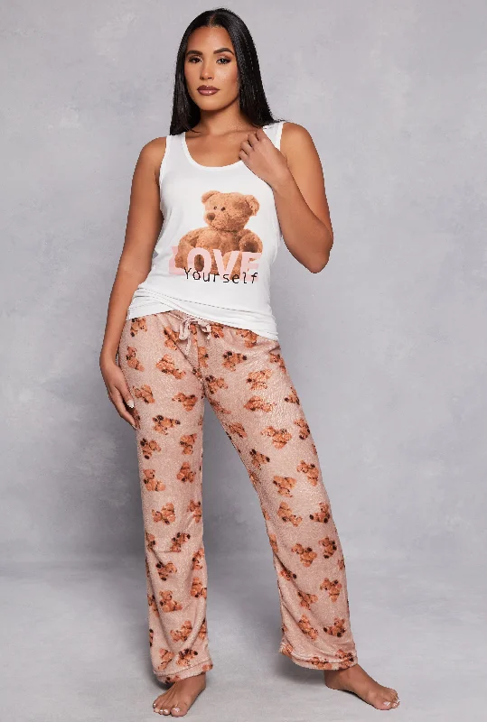 Love Graphic Pajama Tank Top and Bear Print Pants