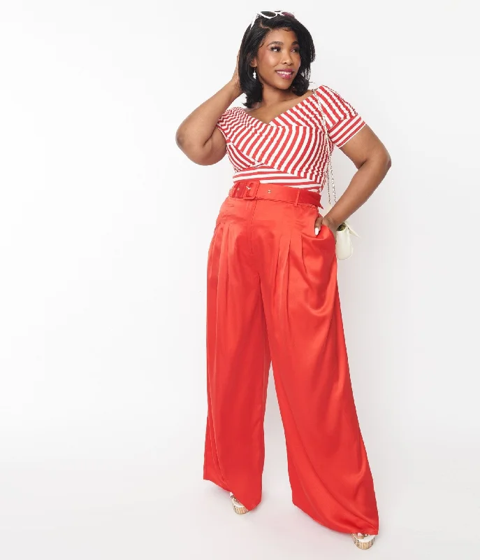 Plus Size 1970s Red Satin Belted Wide Leg Pants