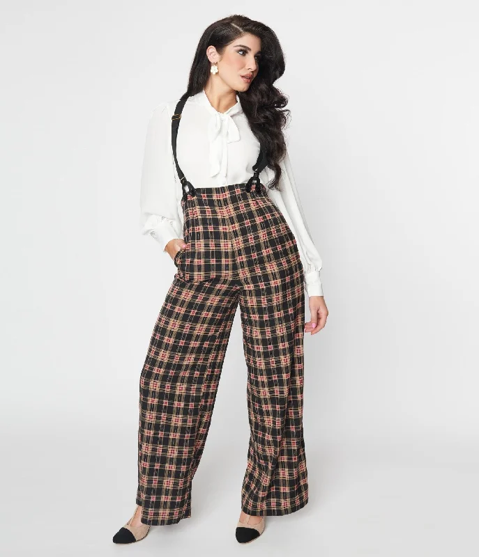 Unique Vintage 1930s Black & Burgundy Plaid High Waist Suspender Pants