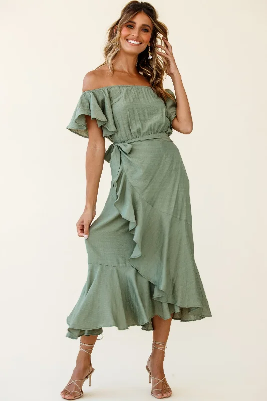 Bettina Bardot Neckline Faux-Wrap Midi Dress Olive