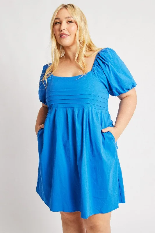 Blue Cotton Poplin Pleated Square Neck Minidress