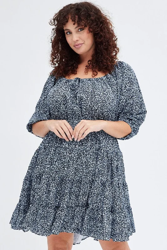 Blue Ditsy Scoop Tiered Dress 3/4 Sleeve Gather Bust