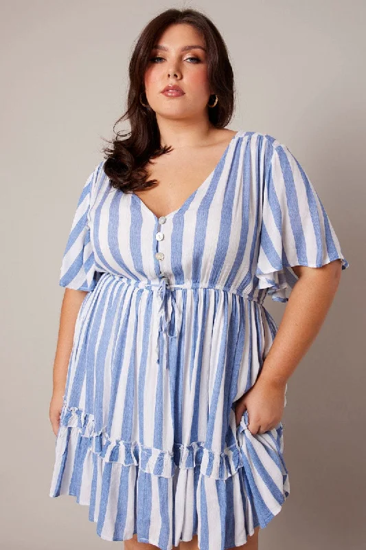 Blue Stripe Button Through Frill Mini Dress