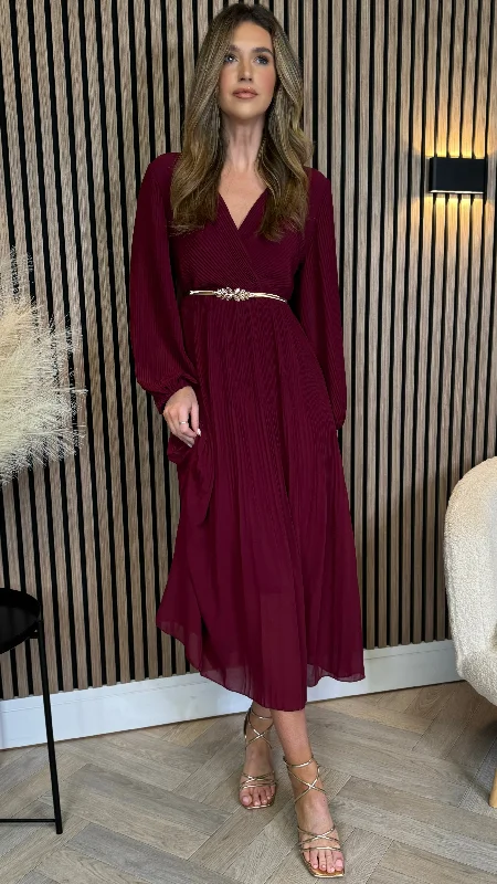 Denali Burgundy Long Sleeve Pleated Midi Dress