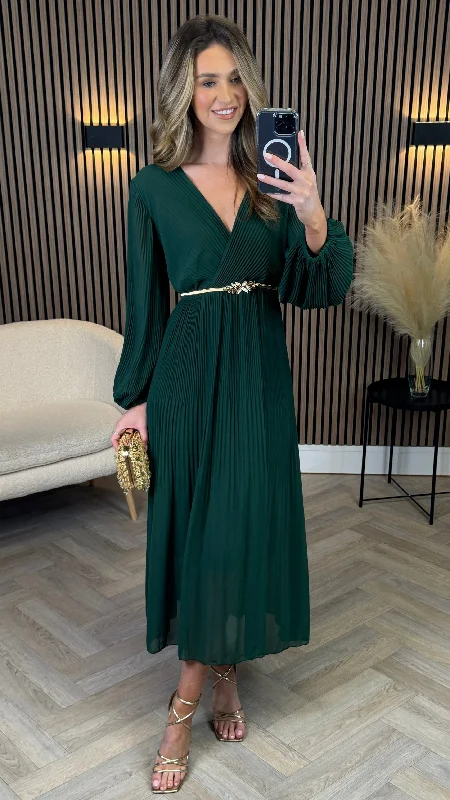 Denali Forest Green Long Sleeve Pleated Midi Dress