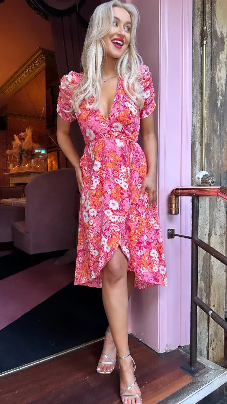 Drew Pink & Orange Floral Wrap Neck Puff Sleeve Midi Dress