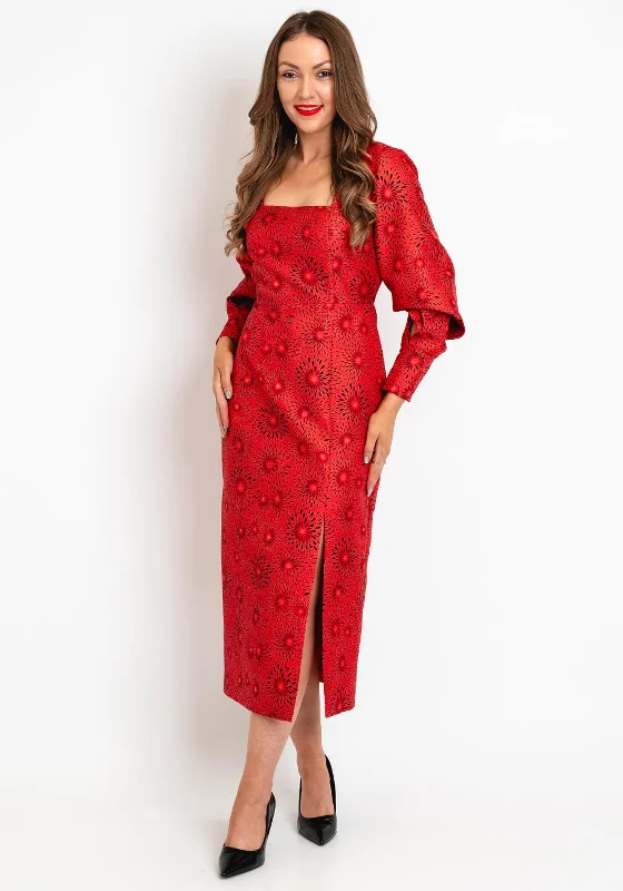 Exquise Square Neck Floral Midi Dress, Red