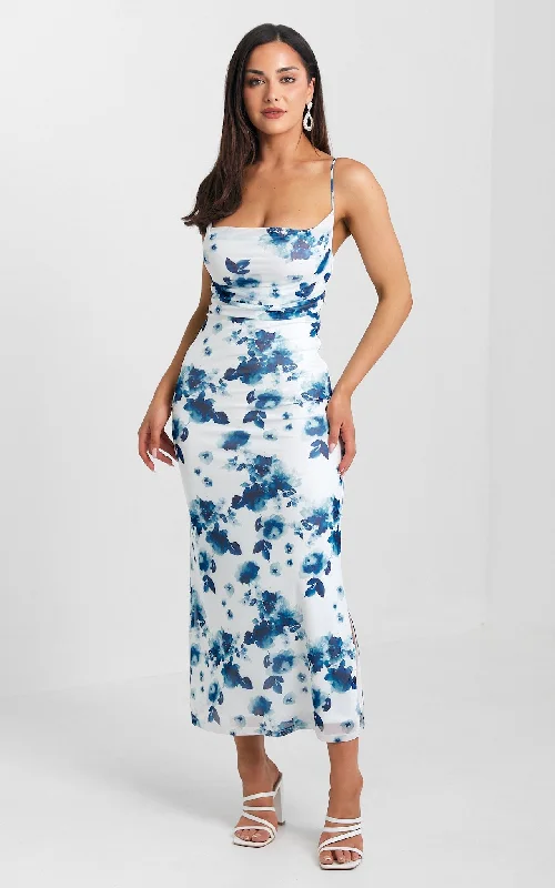 Fawne Mesh Maxi Dress - White Blue Floral