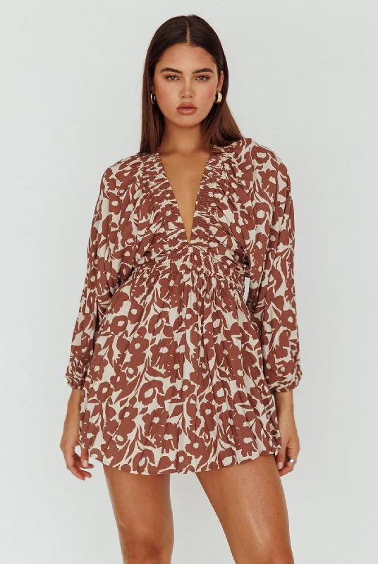 Going Your Way Long Sleeve Mini Dress Floral Brown