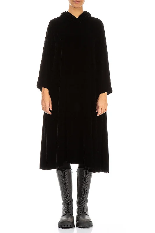 Hooded Black Silk Velvet Dress