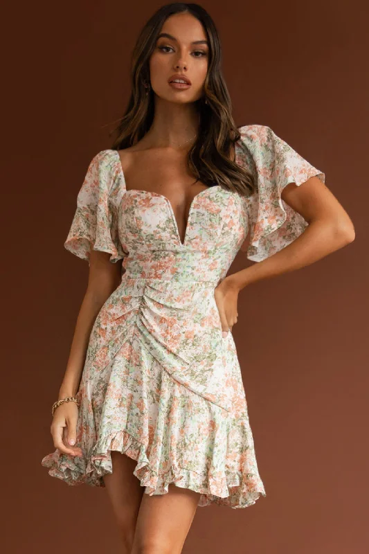 Leona V-Bust Frill Mini Dress Floral Peach