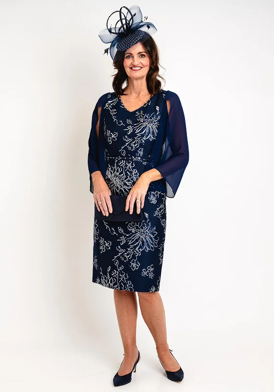 Lizabella Floral Jacquard Chiffon Sleeve Midi Dress, Navy