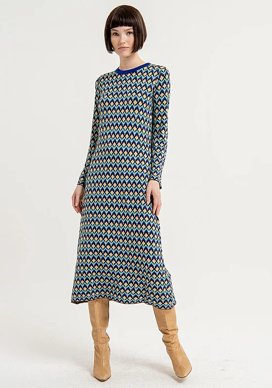 Surkana Abstract Print Knit A-line Midi Dress, Blue