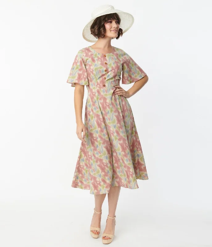 Pink & Blue Watercolor Pattern Festival Midi Dress