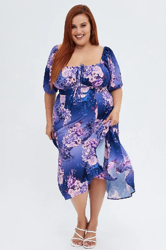 Purple Floral Midi Dress Short Sleeve Ruffle