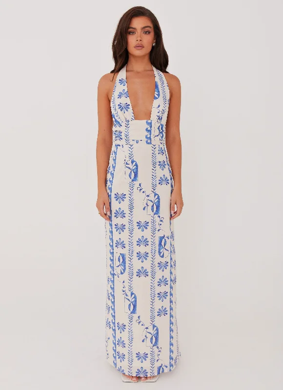 Sky Linen Maxi Dress - Floral Wave