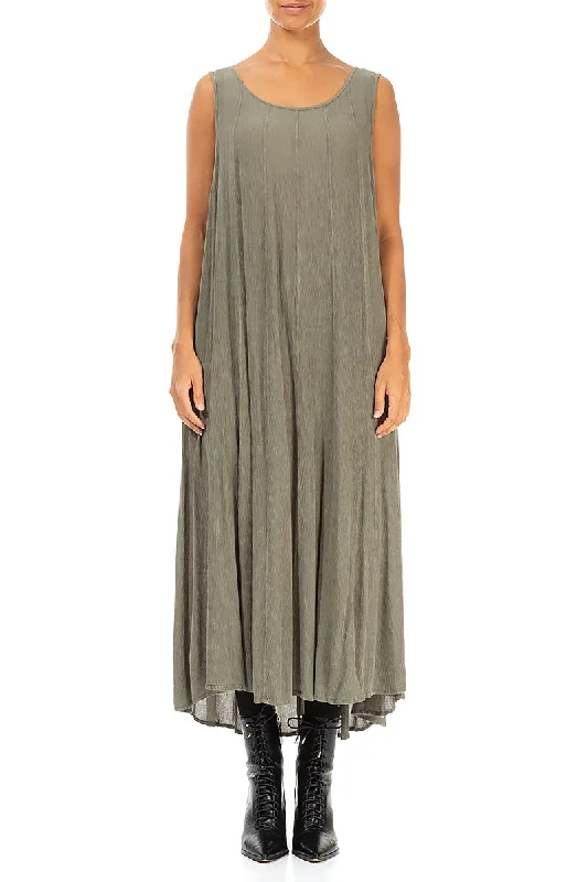 Sleeveless Khaki Sage Silk Viscose Dress