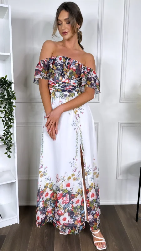 Tamsin White Off Shoulder Floral Printed Midi Dress