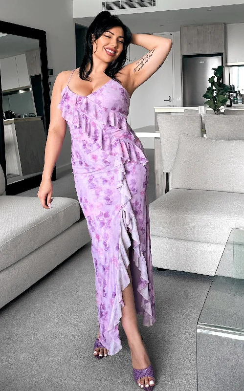 Tara Mesh Maxi Dress - Lilac Purple Floral