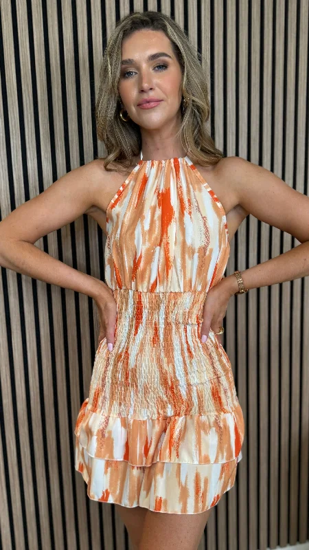 Teagan Orange Printed Frill Detail Halterneck Mini Dress