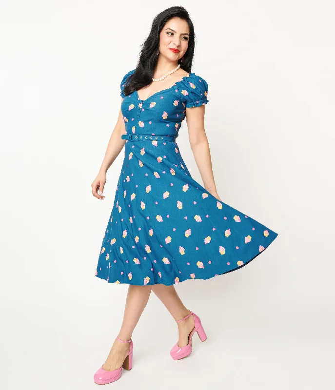 Unique Vintage 1950s Teal & Cupcake Stamp Ohara Swing Dress