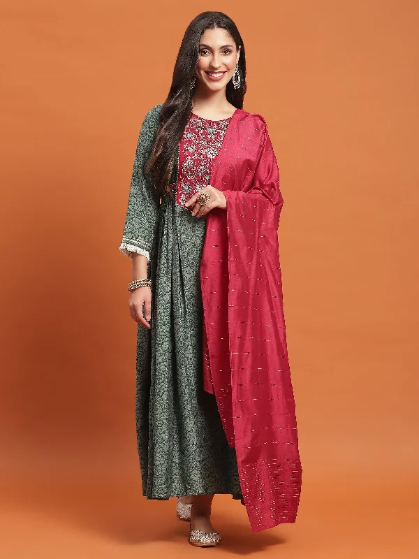 Women Green Embroidered Dress With Dupatta