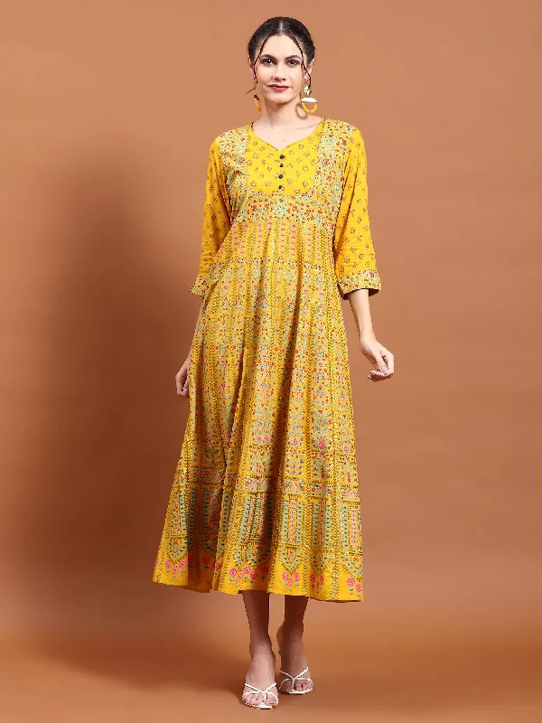 Women Mustard Ornamental Print Dress