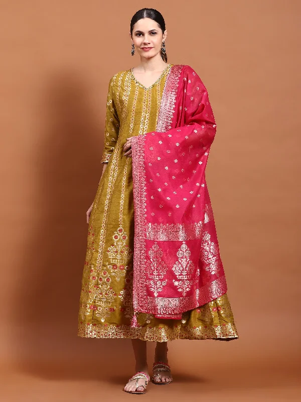 Women Mustard Printed Dress With Dupatta