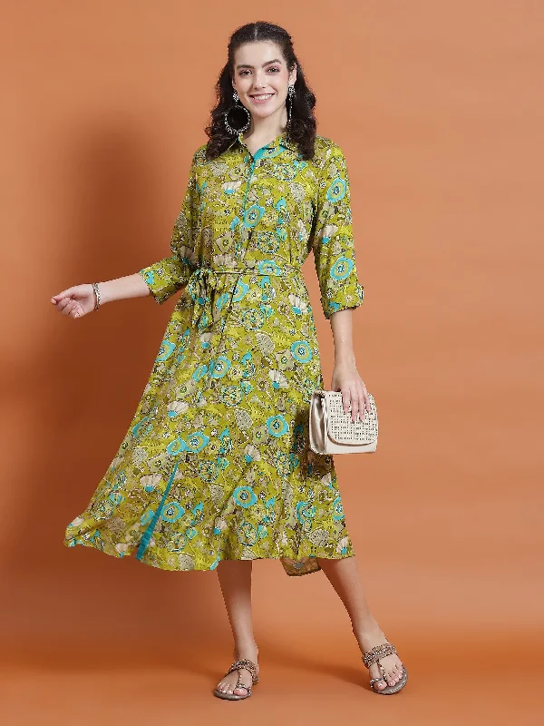 Women Olive Floral Print Dress