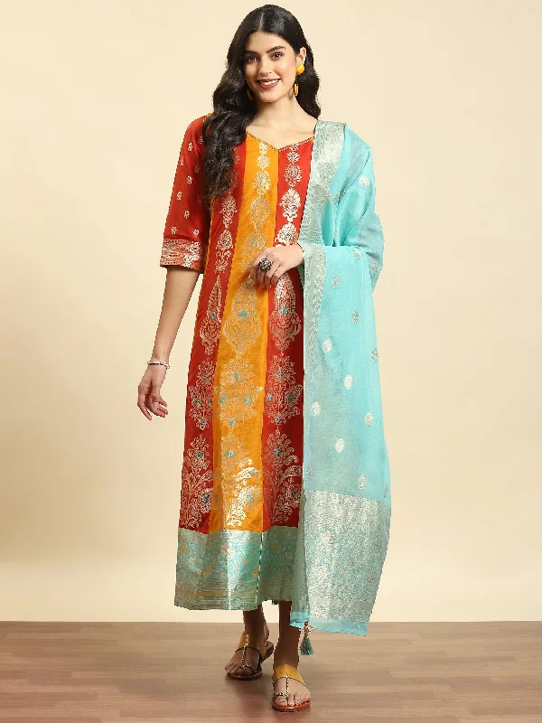 Women Orange Jacquard Dress With Dupatta