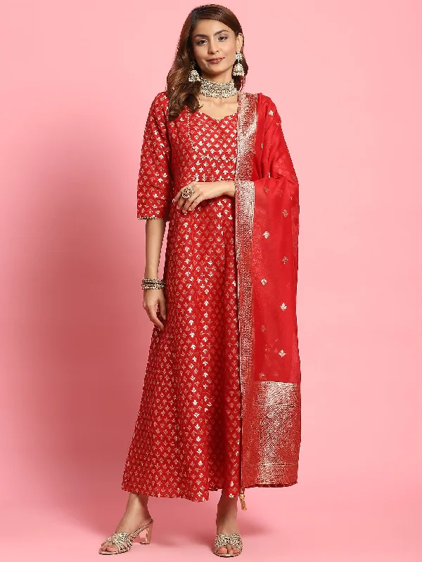 Women Red Butti Printed Dress With Dupatta