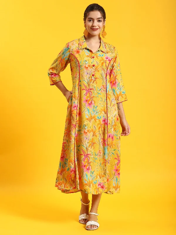 Women Yellow Floral Print Dress