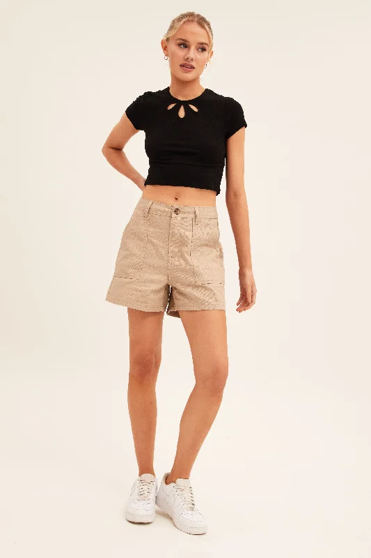 Beige Cargo Short High Waist Cotton Twill