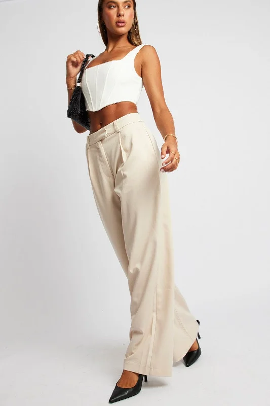 Beige Wide Leg Pants Mid Rise