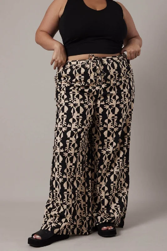 Black Abstract Wide Leg Pants High Rise