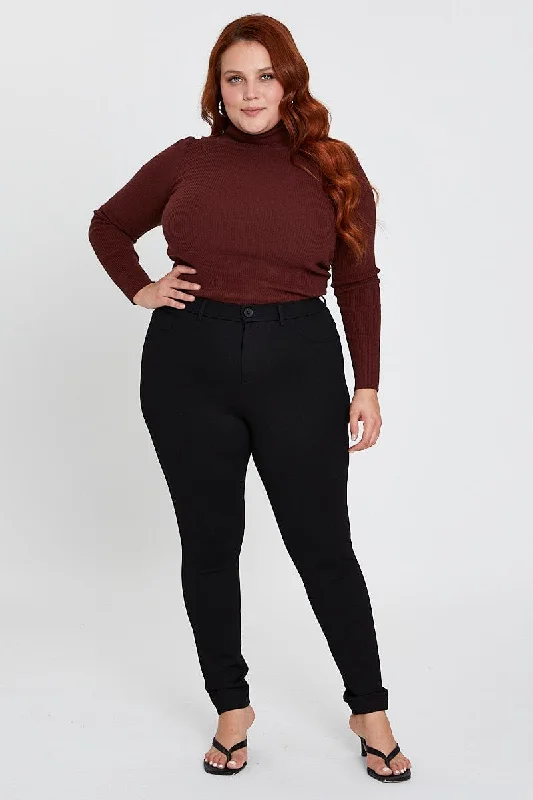 Black Pants Mid Rise Ponte Button Front