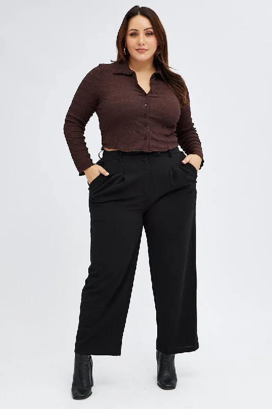 Black Tailored Pants High Waist Tab Pleat Front