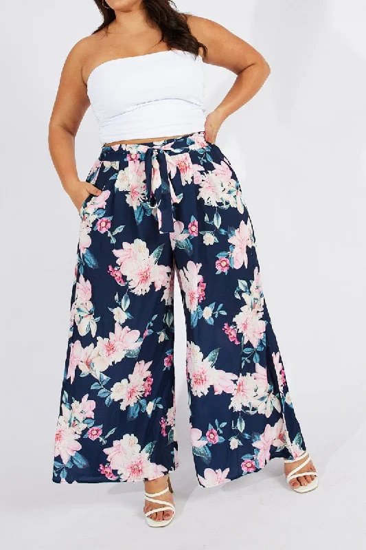 Blue Floral Wide Leg Pants Belted