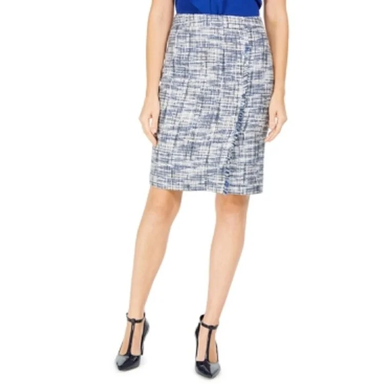 Calvin Klein Women's Tweed Fringe Trim Pencil Skirt Blue Size 16