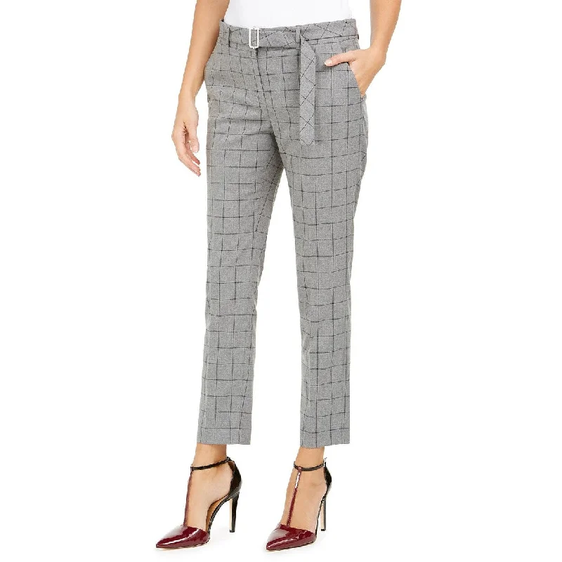 Calvin Klein Women's Windowpane-Print Belted Pants Gray Size 10