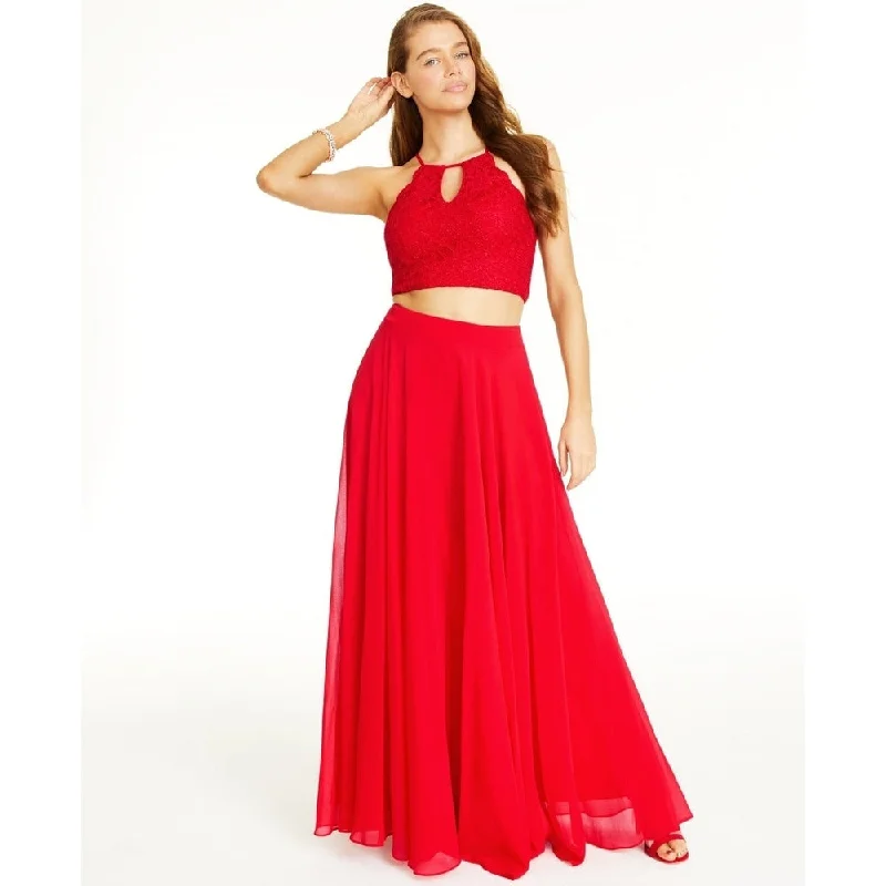 City Studios Junior's 2 Pc Glitter Lace Top & Chiffon Maxi Skirt Red Size 0