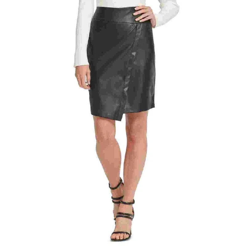 Dkny Women's Faux Leather Above The Knee Faux Wrap Evening Skirt Black Size 8