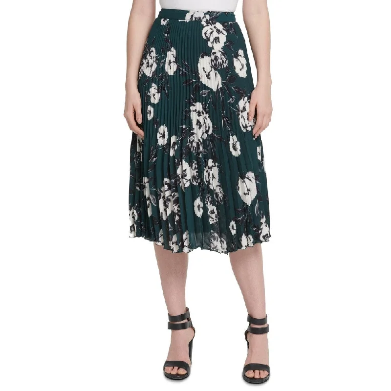 DKNY Women's Floral Print Pleated Midi Skirt Green Size 16