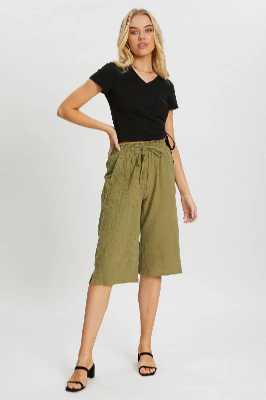 Green Elastic Waist Tie Front Culotte