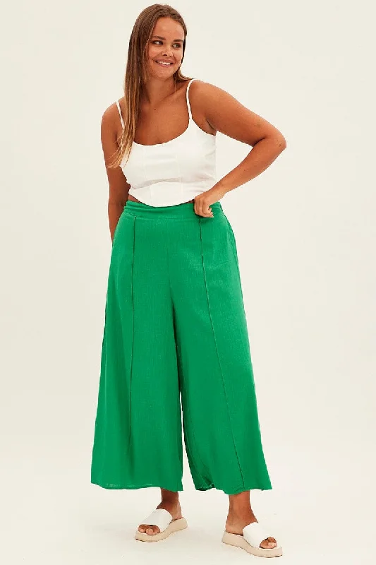 Green Wide Leg Pants High Rise Linen Blend